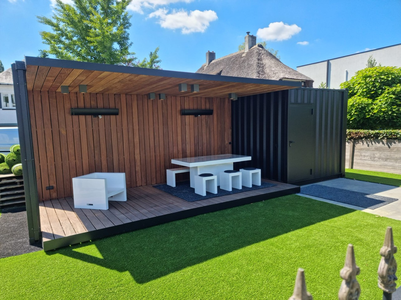 modern covered gazebo in upcycled container