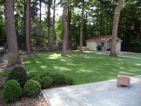 Backyard poolhouse fake grass