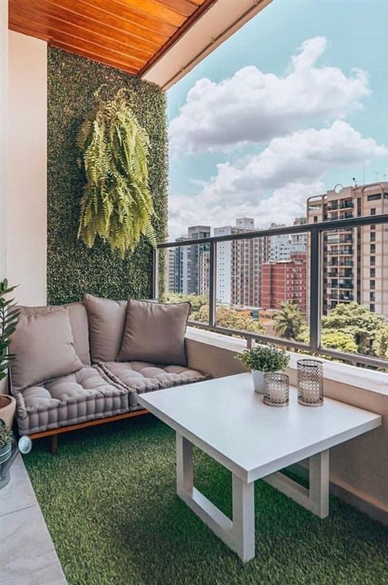 cosy balcony makeover with artificial grass